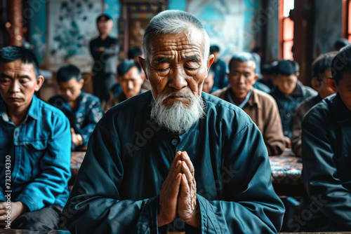 Front view of Asian religious men praying in congregation community space