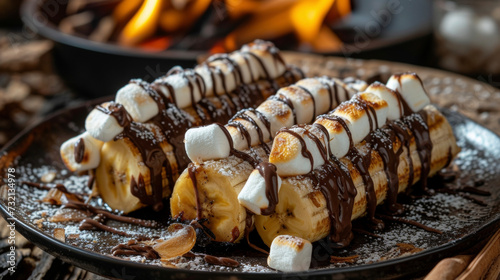 The perfect dessert for a cozy night by the campfire sweet bananas warm and caramelized stuffed with heavenly marshmallows and decadent chocolate. photo