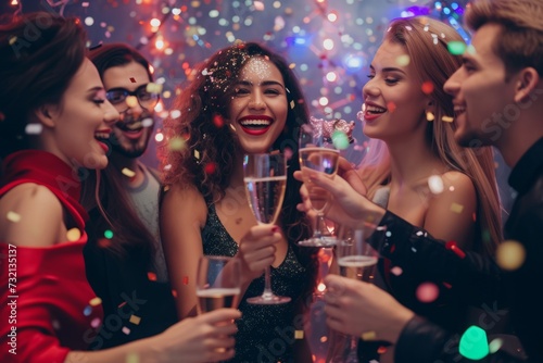 Happy Young Friends Cocktail party, a group of friends chatting and celebrating in front of champagne, a few young friends holding champagne glasses to celebrate at the party