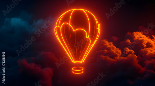 Neon illustration of a hot air balloon soaring in the dusk sky isotated on black background. Created with generative AI.
