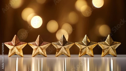 Front view of 5 star shape line up on table isolated on bokeh and gold glitter background. The best excellent business services rating customer experience concept. photo