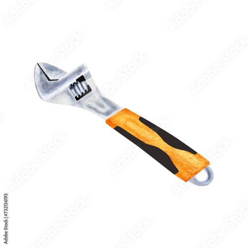 Watercolor adjustable spanner isolated on white background. Hand drawn illustration
