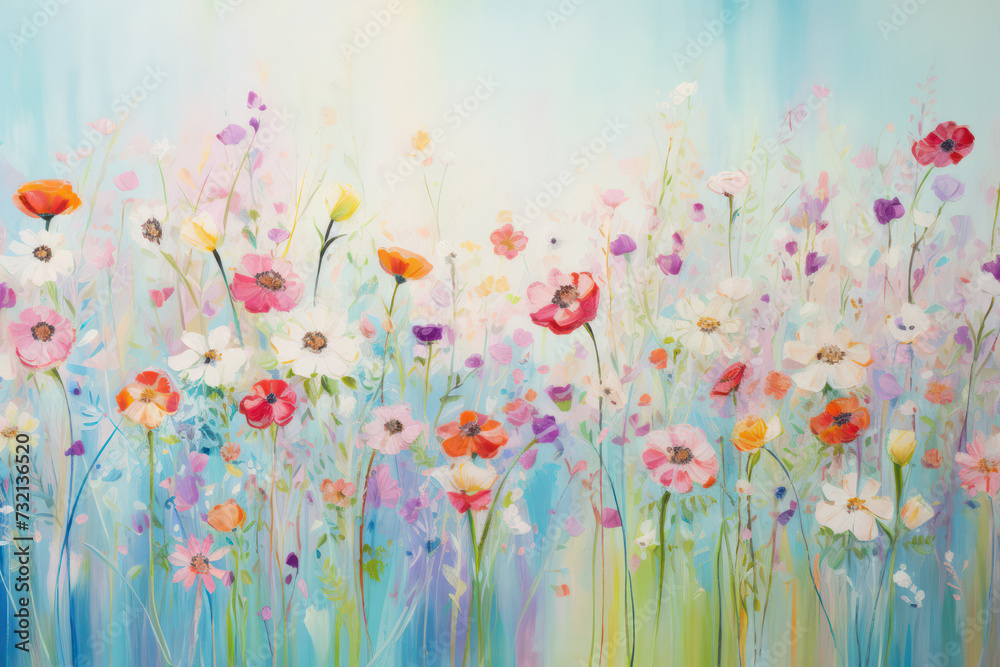 Colorful Floral Meadow: A Vibrant Spring Painting of Blossoming Flowers in an Abstract Art Style on a Textured Pastel Canvas.