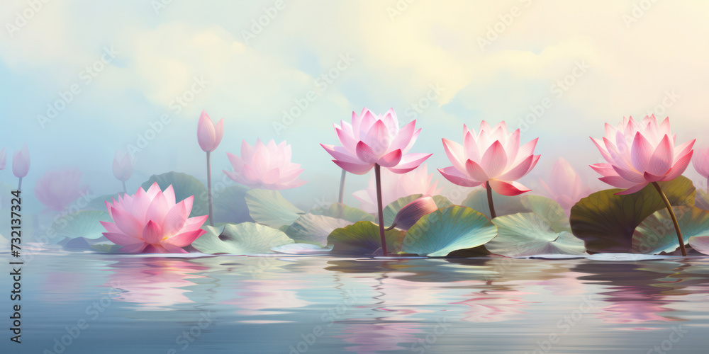 Blooming Serenity: A Tranquil Pink Lotus Flower Reflecting on a Water Lily Pond
