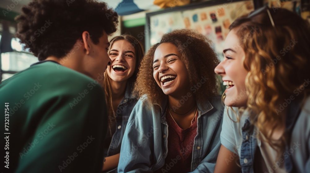 A photo capturing a diverse group of high school friends hanging out, sharing laughter and creating lasting memories.
A photo capturing a diverse group of high school friends hanging out, sharing laughter and creating lasting memories.