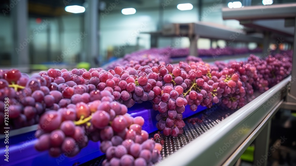 
A photo capturing grapes being sorted on a conveyor belt, highlighting the precision and care taken during the grape selection process.