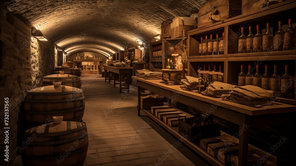 
A photo capturing a wine cellar tour, with shelves lined with aging bottles, telling the story of the winery's history and craftsmanship.