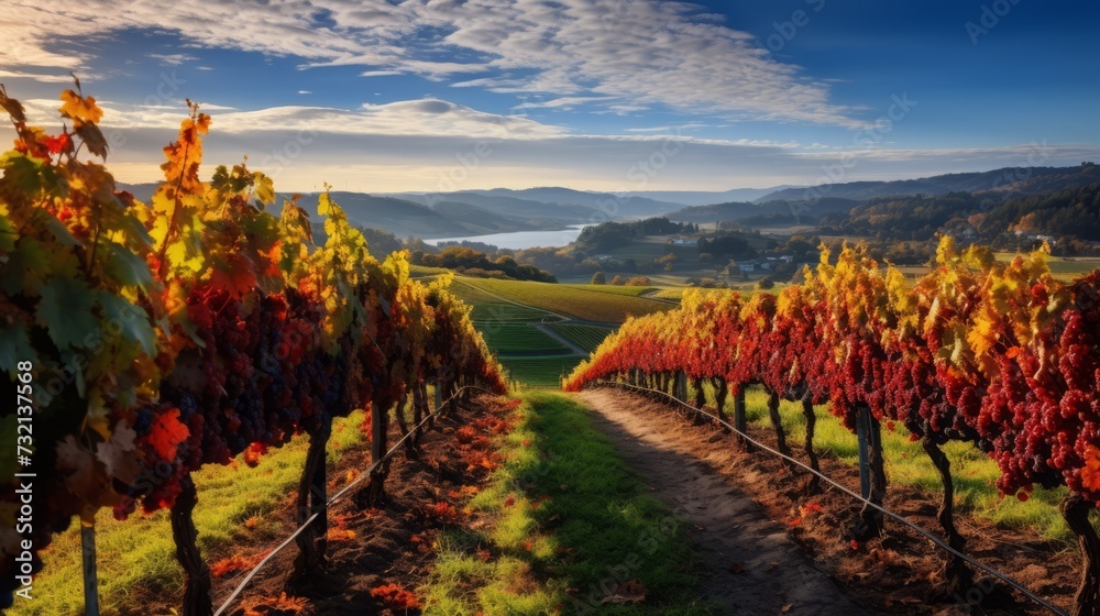 Naklejka premium A photo capturing the picturesque landscape of a vineyard during the autumn harvest, with colorful leaves and grapevines.