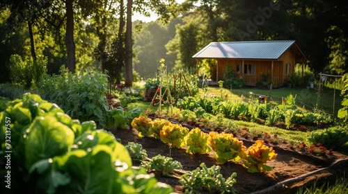 
Scenes of a backyard garden designed with permaculture principles, featuring a mix of edible plants, composting areas, and sustainable gardening practices. photo