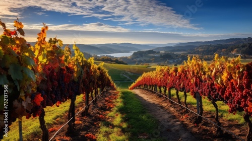  A photo capturing the picturesque landscape of a vineyard during the autumn harvest  with colorful leaves and grapevines.