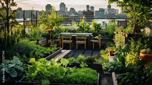 Scenes of an urban rooftop garden with greenery  showcasing creative and space-efficient gardening in the city.