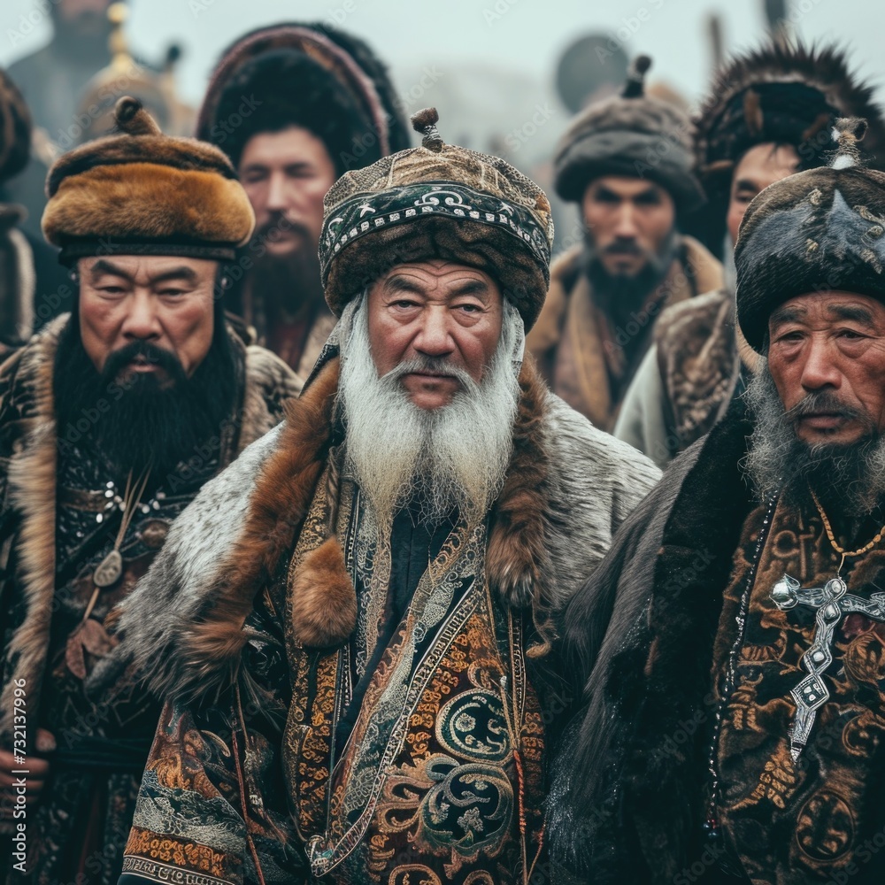 Tatar Mongols: nomadic warriors and conquerors, cultural legacy, military prowess, Eurasian steppes strength, traditional attire, resilience and the spirit of the historic nomadic lifestyle.