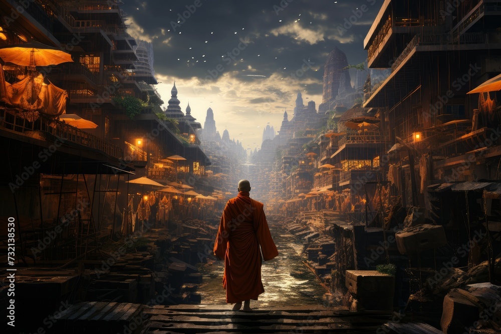 Monk city walk. Travel temple culture. Generate Ai - obrazy, fototapety, plakaty 