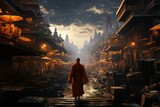 Monk city walk. Travel temple culture. Generate Ai