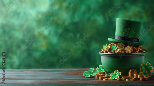A festive St. Patrick's Day setting with a leprechaun hat, pot of gold coins, and scattered shamrocks on a lush background..