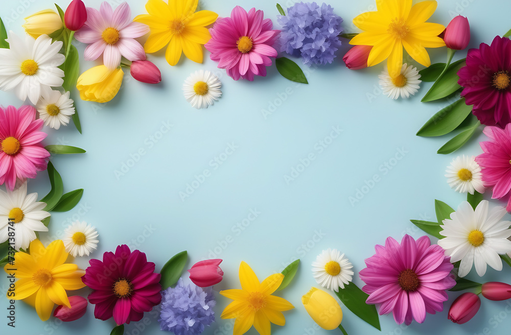 Floral banner with tulip rose buds spring flowers and leaves on a light blue table background. Greeting card with place for valentine's day, birthday, mother's day, wedding and spring holidays text Floral banner with tulip rose buds spring flowers and leaves on a light blue table background. Greeting card with place for valentine's day, birthday, mother's day, wedding and spring holidays text