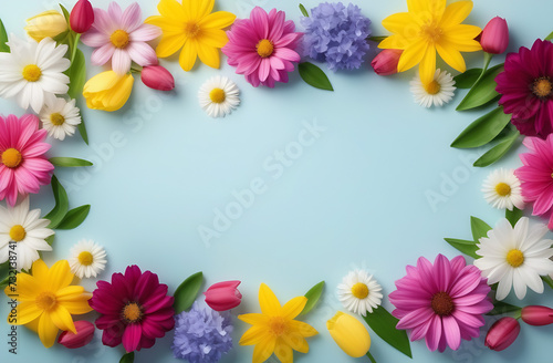 Wallpaper Mural Floral banner with tulip rose buds spring flowers and leaves on a light blue table background. Greeting card with place for valentine's day, birthday, mother's day, wedding and spring holidays text Torontodigital.ca