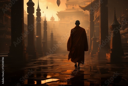 Spiritual Monk city walk. Travel temple culture. Generate Ai