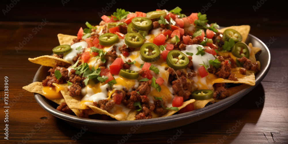 Cheesy Mexicana Nachos, a Spicy and Tasty Beef Appetizer on a Crunchy Tortilla Chip Plate with Guacamole, Salsa, and Sour Cream.