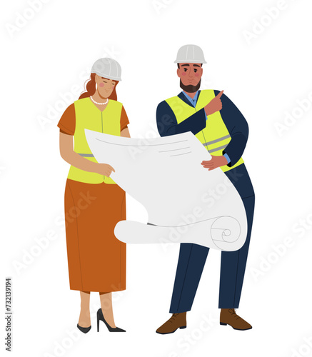 Construction workers concept. Man and woman in protective uniform with blueprint. Builders and engineers. Template and layout. Cartoon flat vector illustration isolated on white background