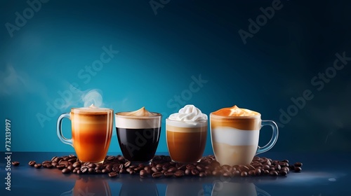 Banner with different coffee. Cappuccino, Americano, Espresso, Latte, Ice latte. Dark blue gradient background.  photo