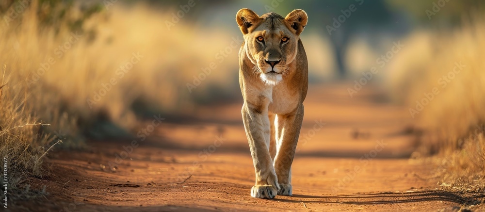 Obraz premium A Felidae, carnivorous lioness with whiskers and a snout walks through the wild landscape, a terrestrial habitat of big and small-medium sized cats, on a dirt road surrounded by wood.
