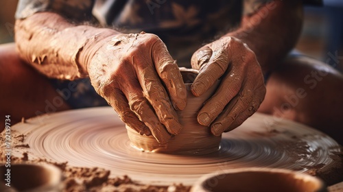 Hands of potter making clay pot. Neural network AI generated art