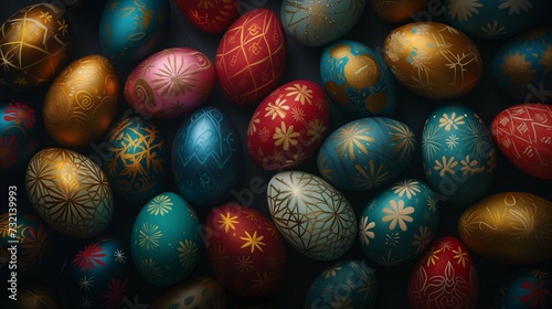 Vibrant colorful Easter eggs on dark background. Easter celebration concept.