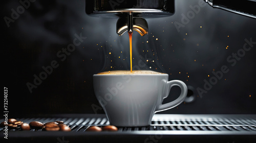 Steaming espresso pouring into a white cup from a sleek black coffeemaker. the allure of coffee brewing, dark environment and background. photo