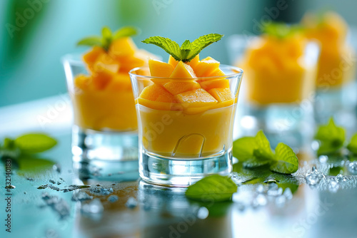 small glasses with some mango pudding on the table, in the style of light orange and white, elaborate fruit arrangements, light white and turquoise, colors