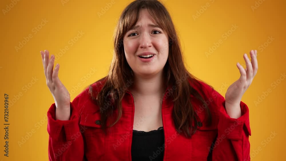 Portrait of excited, surprised smiling pretty young hipster woman 20s smiling isolated on yellow background studio