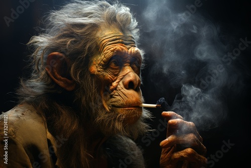 Vibrant Monkey smoking portrait. Stylish wild jungle animal ape cigar smoker. Generate ai