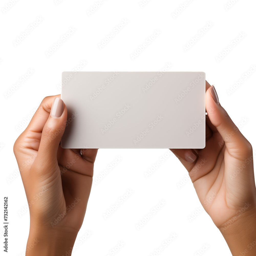 White card in hand on a transparent background. White card in hand on a transparent background.