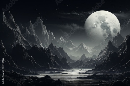 Ethereal Monochrome big moon above the mountains. Night scenic landscape view of hills on dark sky. Generate ai