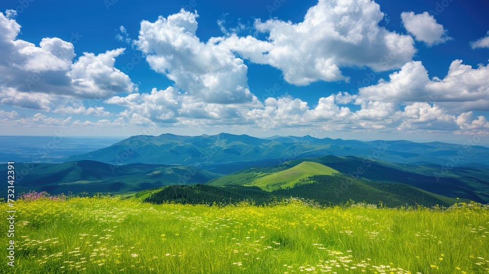 Lush green meadow with mountains and fluffy clouds in the distance