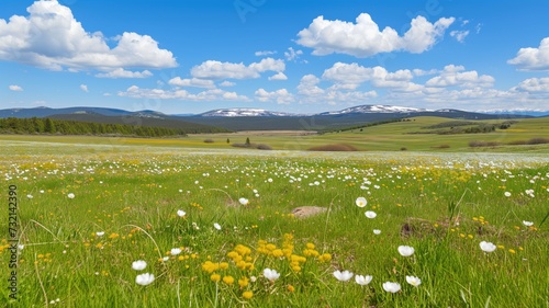 Colorful wildflowers bloom across a meadow with a backdrop of distant snow-dusted mountains and blue sky