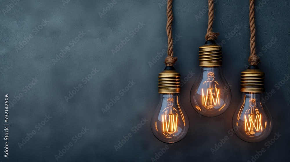 Obraz premium Vintage light bulbs hanging against a dark background, emitting a warm glow