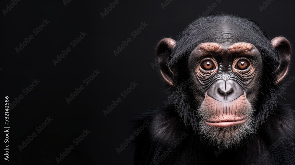 Close-up of a contemplative chimpanzee with a dark background