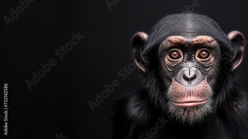 Close-up of a contemplative chimpanzee with a dark background