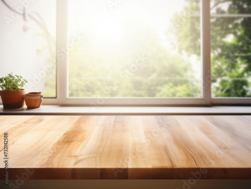 A Light-Filled Kitchen Interior with Wooden Counters, Empty Spaces, and a Chic Blend of White Surfaces, Perfect for Showcasing Culinary Delights and Designing Top Kitchen Products.