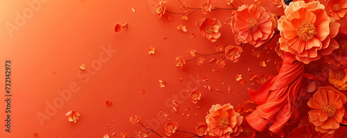 Orange flowers and silk drapery on red background. Asian ethnic concept. Greeting card, banner, template with copy space for traditional Indian festival Pongal, Diwali, Ugadi, Gudi Padwa