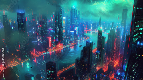 A sleek and futuristic metropolis its towering skysers glowing with vibrant neon lights masking the criminal underbelly lurking below the surface.