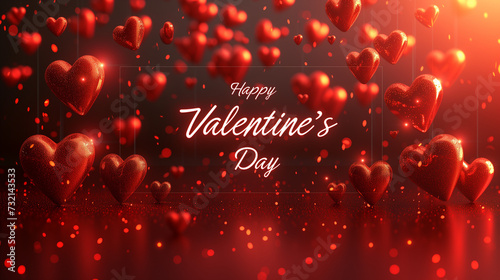 Red greeting background, card with the inscription Happy Valentine's Day with red 3D hearts, sparkles, glitter.