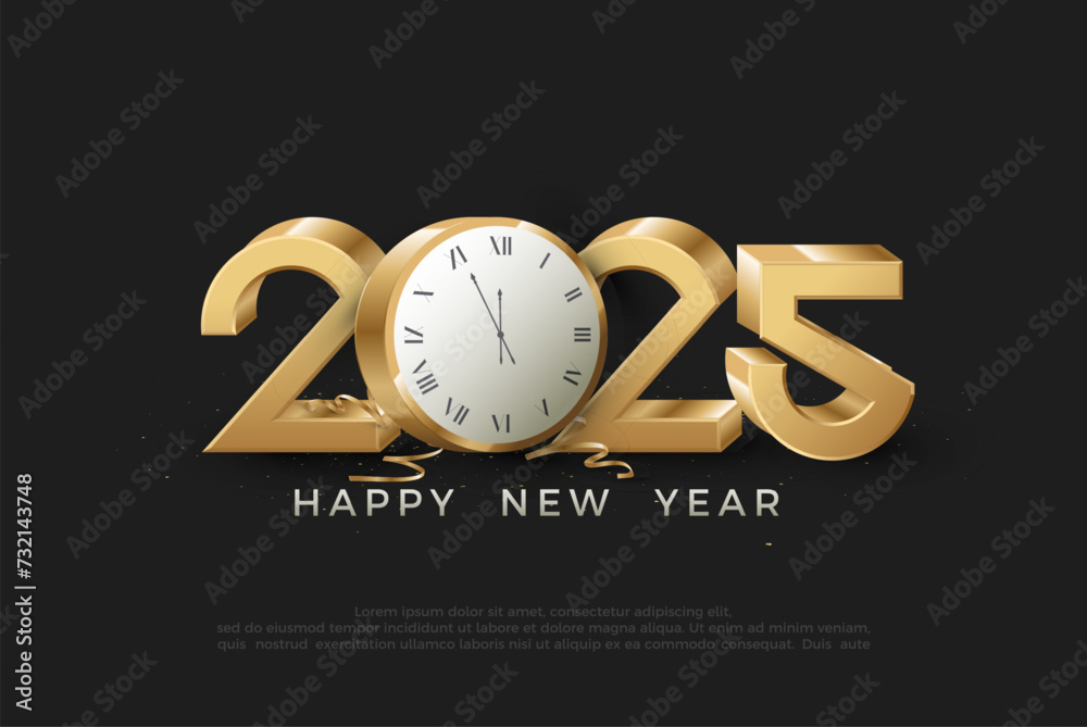 Happy new year 2025 with realistic 3d gold numbers and with a 3d wall