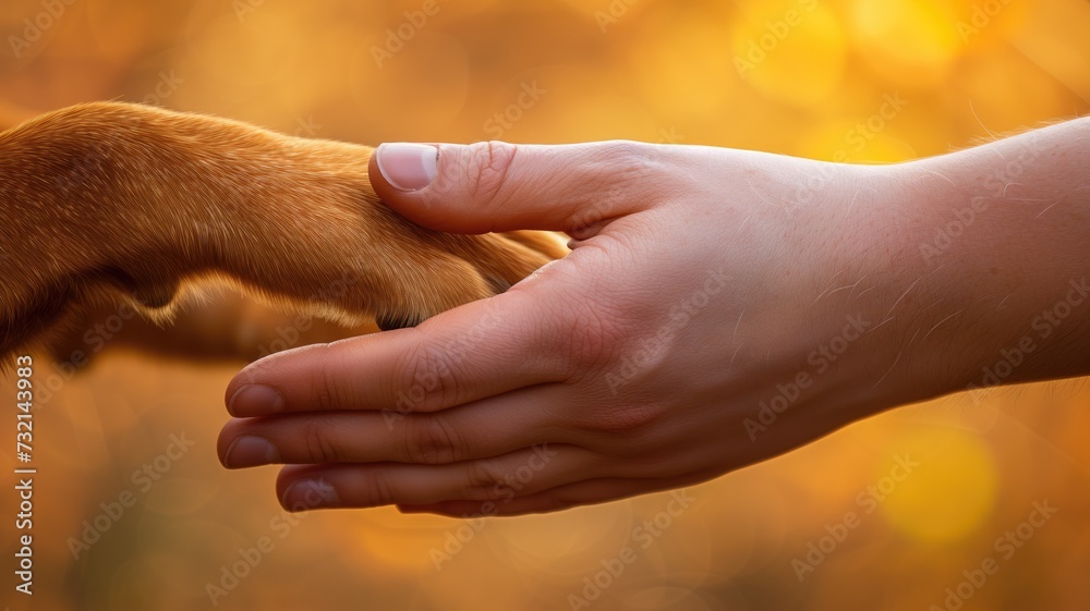 A human hand and a dog paw united in friendship against a golden sunset