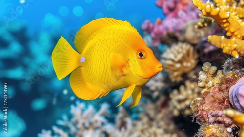 A solitary yellow tang fish swims among coral reefs, its vivid coloration standing out in the tranquil blue waters © Татьяна Макарова