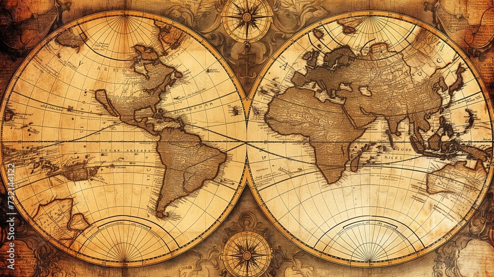 An aged world map featuring historic nautical details and artistry