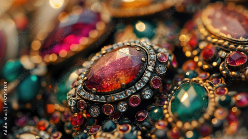 Close-up of antique jewelry with colorful gemstones and intricate designs