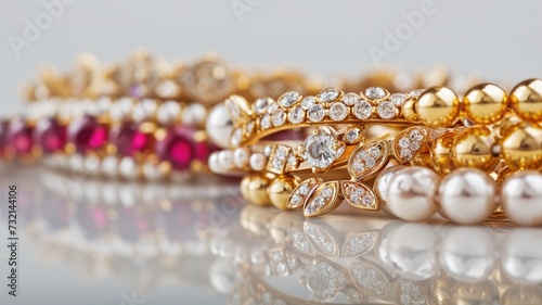 Close-up of exquisite golden rings and bracelets with gems