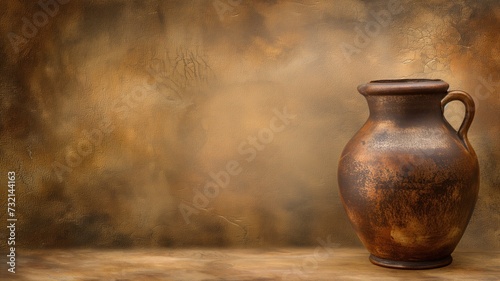 Single earthenware pot against a warm, abstract backdrop